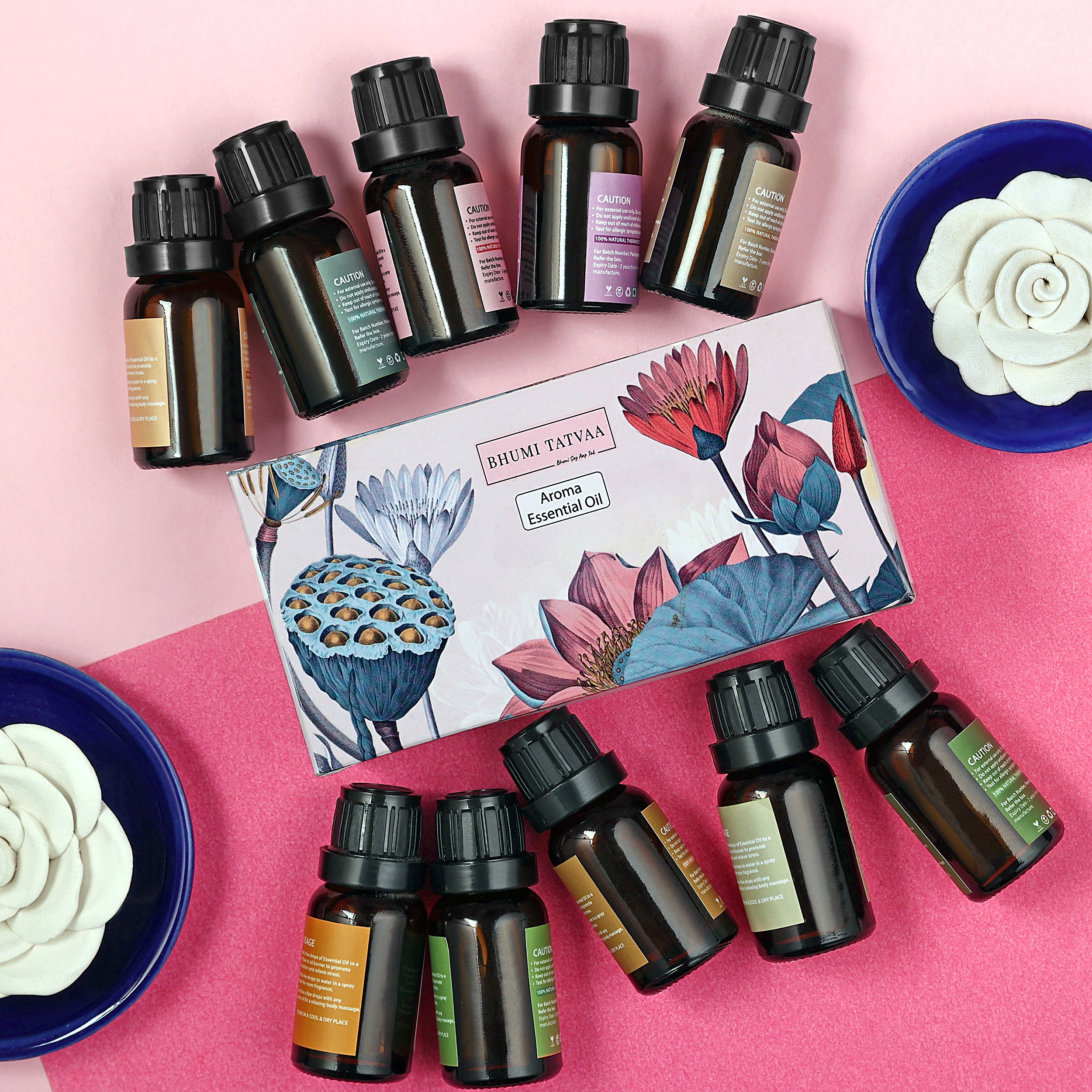 Bhumi Tatvaa Essential Oil| Lemongrass|Citronella|Peppermint| Eucalyptus| Lemon| Orange| Tea Tree| Rosemary| Lavender|Jasmine| 15ml each| for Hair Growth|Skin care|Diffuser for Home 150ml (Pack of 10)